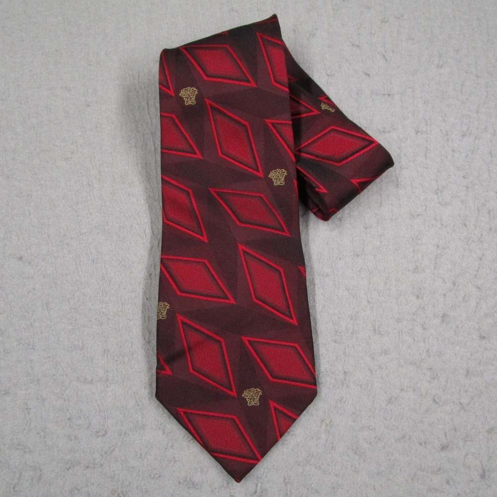 Gianni Versace Mens Silk Tie Burgundy Red Geometric Diamond Medusa Head Italy
